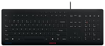 CHERRY Stream Protect Keyboard, kabelgebundene Tastatur mit abnehmbarem Silikon-Tastaturschutz, US-Internationales Layout (QWERTY), flaches Design, desinfizierbar, Schwarz