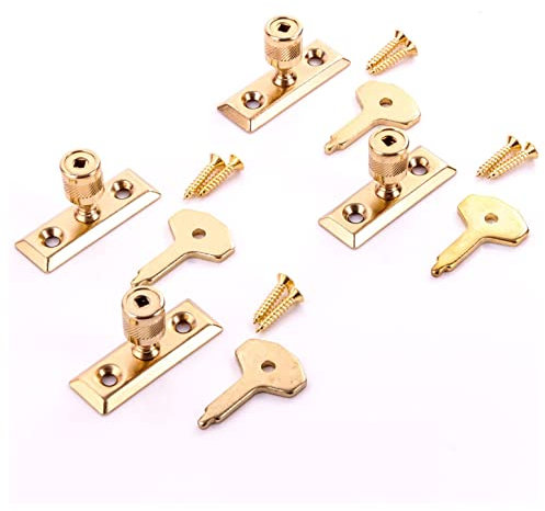 Brass Plated Window Stays with Keys Locking Casement Window Stay Pin Wooden Frame Casement Lock Turn Latch Window Victorian Design Casement Window Fixture with Fixing Pack of 4.