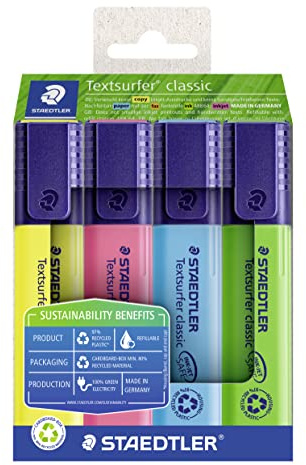 STAEDTLER Textsurfer Classic 364 C Textmarker – 4er-Set, nachfüllbar | Aus recyceltem Kunststoff, Tintenspeicher, Keilspitze 1–5 mm – INK·JET SAFE – Art.-Nr. 364 RC4