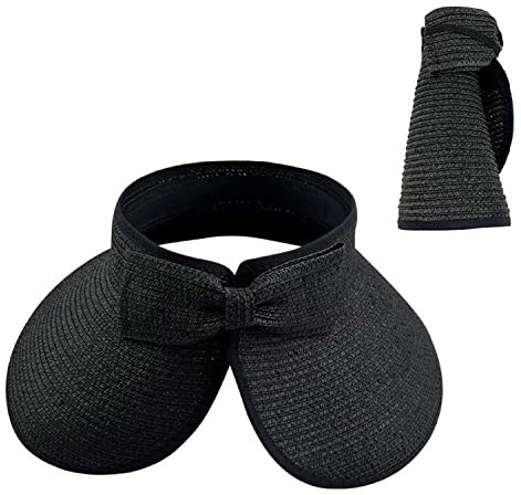 HIXNUG Solskärm hatt sommar brett brätte rullbar vikbar hatt halmfläta visir keps hink med rosett för kvinnor, Svart, en storlek