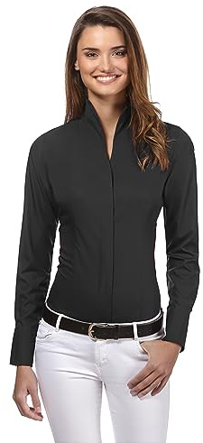 Vincenzo Boretti Camicia-Blusa Donna Elegante, Colletto Alto, Manica-Lunga, in Tinta Unita, Facile da Stirare, Taglio Abbastanza Aderente/Modern-Fit Nero 38