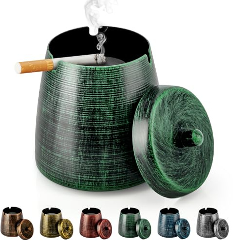 Yiiwinwy Ashtray for Cigarettes Outdoor, Outdoor Ashtray with Lid for Cigarette, Metal Odorless Windproof Smokeless AshTray for Patio Home Office Tabletop Balcony