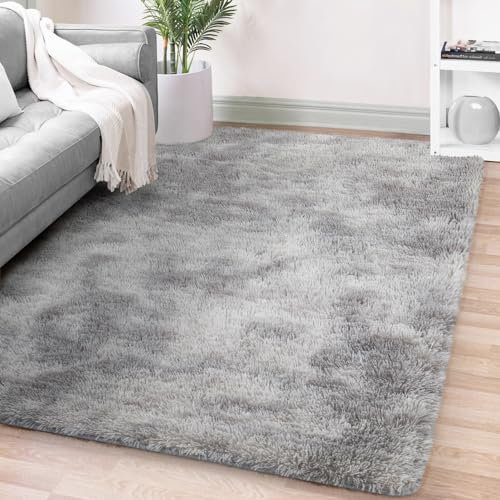 FVVRAX Ultra-Plush Shaggy Area Rug for Bedroom & Living Room – Machine Washable Luxury Tie-Dye Carpet, Non-Slip Fluffy Floor Mat for Cosy Homes, Nursery & Dorm Decor, 120x180cm, Light Grey