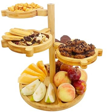 Charcuterie Board Set de regalo, plato giratorio, bandeja redonda de bambú y 4 platos lindos extraíbles, tabla de queso para cumpleaños, Navidad, boda, inauguración de la casa (redonda)