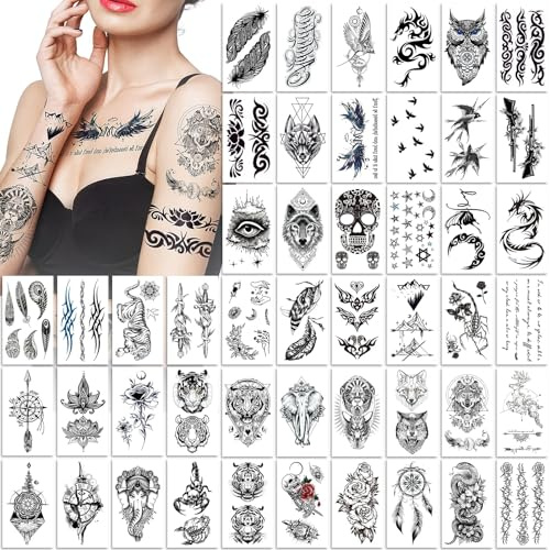 48 Blätter Erwachsene Temporäre Tattoo Aufkleber, Fake Tattoos Realistische Temporäre Tattoos, Wasserdicht Langlebige Temporäre Tattoos Erwachsene Rose Tiere Berg Schädel