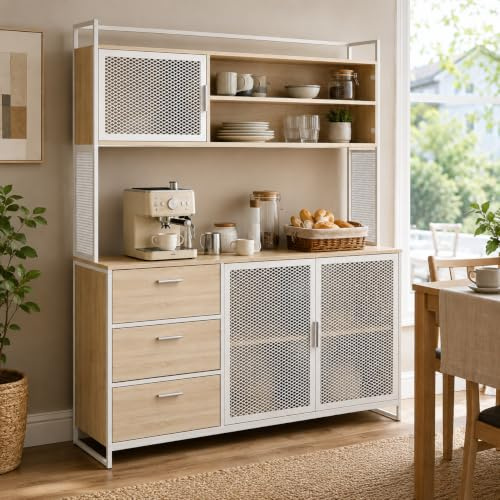 PREMTURE Sideboard, Küchenschrank, Aufbewahrungsschrank, Weinschrank, 3 Türen und 3 Schubladen, 174 x 40 x 150 cm, Industrie-Design, Verdickte MDF-Platte und Metall