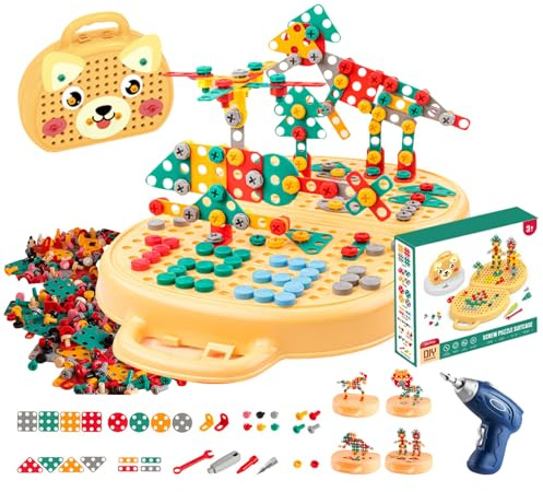 Montessori Spielzeugkiste Mit Bohrmaschine, 204 Stück Montessori-Spielwerkzeugkasten Bär Mit Bohrer, Mosaik-Puzzlespielzeug, Puzzle Ab 3|4 -12 Jahre Spielzeug Schraubenwerkzeugset Für Kinder (Gelb)