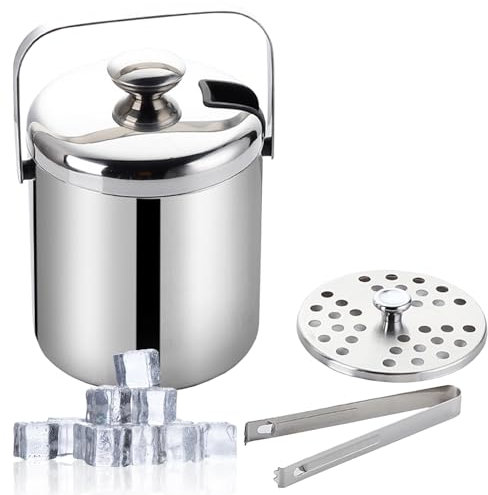 3L Eiskübel Edelstahl, Eiswürfelbehälter Edelstahl, Eiskühler mit Deckel und Zange, Doppelwandiger Eiswürfelbehälter mit Abtropfsieb, Lsolierter Eiseimer für Bier Sekt Wein, Kann Eiswürfel Geben