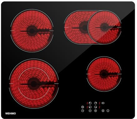 Piano cottura in Vetroceramica 4 Fuochi, WEHIMO Piano Cottura Elettrico 59cm, 7200W, 4 Zone di Cottura, Controllo Tocco, Timer, 9 Livelli di Riscaldamento