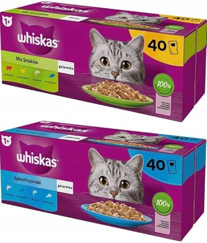 Whiskas Nassfutter für ausgewachsene Katzen Geschmacksmischung in Gelee 80 Beutel à 85 g (2-er Pack) Fisch- und Gemischte Auswahl