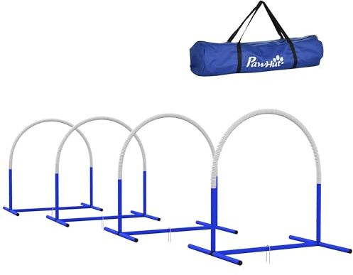 PawHut Hunde-Agility-Trainingsgeräte, Hund Agility Set, 4-teilges Steckhürdenset für ältere Hunde, Hundetrainigsset mit Tragetasche, Blau+Weiß, 88 x 64 x 95 cm
