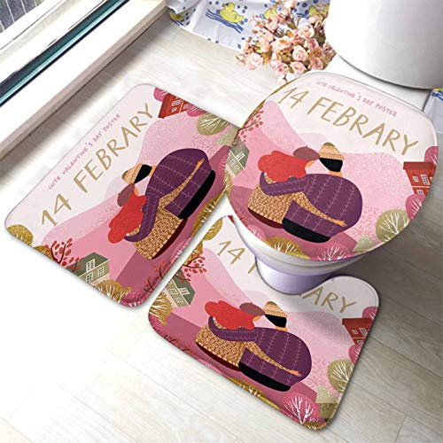Set 3 Teilig Badvorleger Ein Verliebtes Paar Süßes Valentinstag Poster 14. Februar Badgarnitur Badematten Wasserabsorbierend Weiche Badezimmer Set, Für Dusche, Badezimmer
