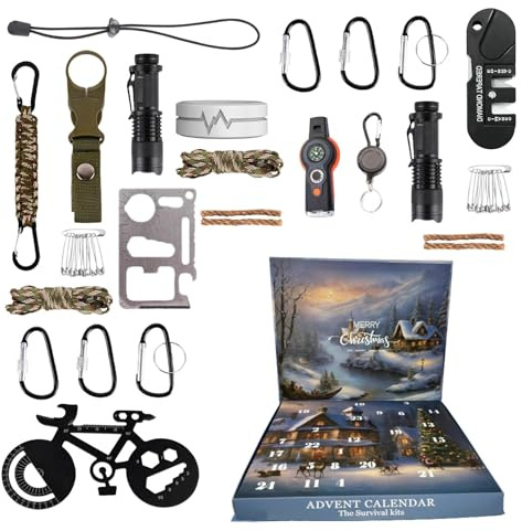 Survival Kit Adventskalender 2024, 24 Tage Survival Tools Weihnachten Countdown Kalender, Weihnachten Outdoor Adventure Herren Adventskalender, Überraschendes Geschenk für Outdoor Reisen Camping