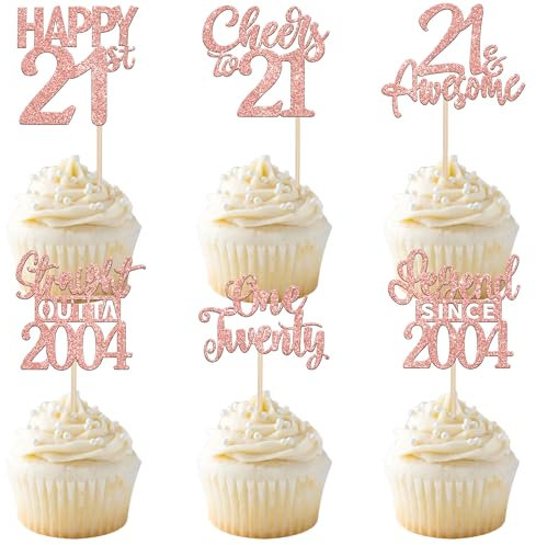 SYKYCTCY 24 Pack Happy 21st Birthday Cupcake Toppers Glitter Legend Since 2005 Twenty One Straight Outta 2005 Cupcake Picks for Cheers to 21 Years Birthday Party Decorations Supplies