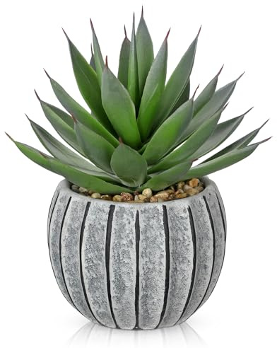 Briful Artificial Aloe Succulent Plant in Aged Cement-Look Ceramic Pot – 8 Tall Faux Agave Plant with Decorative Pebbles – Realistic Desk or Shelf Decor for Home, Office, Bathroom
