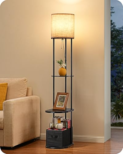 EDISHINE Lampadaire avec Étagère et Tiroir de Rangement, Lampe sur Pied avec 1 Prise Électrique et 2 Ports USB, E27 Ampoule LED Incluse à 3 Températures de Couleur, Lampe de Salon, Chambre ou Bureau