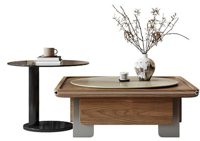 BEDOIN Lot de 2 tables basses rondes en bois de noyer massif avec table d'appoint funky en verre trempé, table basse, table basse table à thé, table de salon C