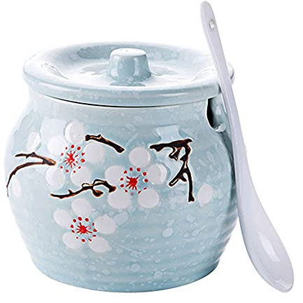 Keramisk saltkar och sockerskål set – blomsterstil kryddkruka med lock och sked – hushåll kryddlåda