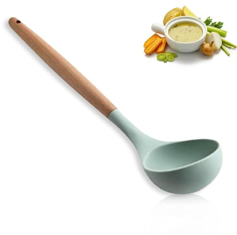 Souppe en silicone pour cuisiner, grande cuillère à louche en silicone Cuisine de service avec poignée en bois antiadhésive pour la maison de cuisine ustensiles d'agitation