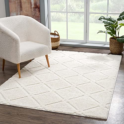 carpet city Teppich Wohnzimmer Hochflor Creme - 140x200 cm - Hochtief Karo-Muster, 3D-Effekt - Bettvorleger Schlafzimmer Teppiche Boho, Skandi