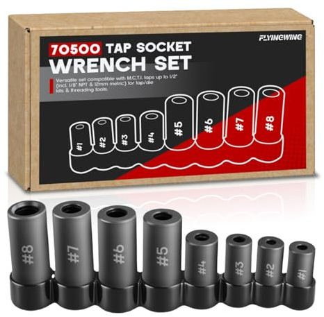70500 Windeisen Steckschlüssel-Set, 8-teilig, 1/4 Zoll & 3/8 Zoll, passend für MCTI & NPT Gewindebohrer (bis zu 1/2 Zoll & 1/20.3 cm NPT, 12 mm metrisch), Gewindebohrer aus hochhartem legiertem Stahl