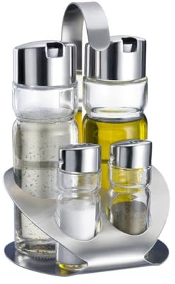 Set de Aceitera y Vinagrera, Vidrio, Acero Inoxidable, Juego de 4 Especieros, con Asa Fácil Transporte, Ideal Para Cocina, Comedor o Restaurante (Set de Aceitera-2)
