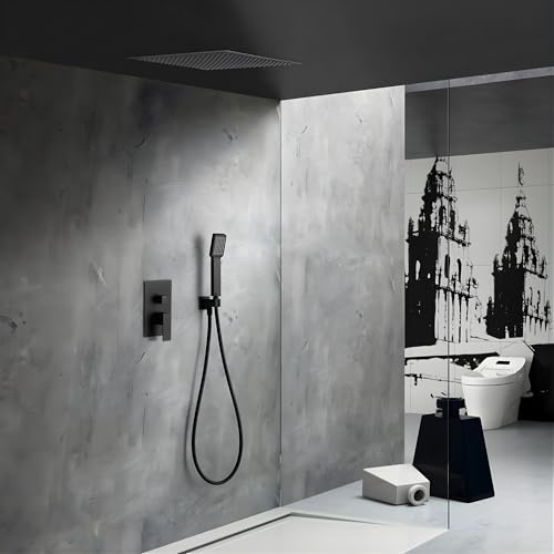IMEX - Ducha Encastrada Techo Monomando Negra | Rociador de Ducha Empotrado en Techo Antical y Efecto Lluvia | Alcachofa y Grifería Empotrada en Latón y Acero Inox S.304 | Serie Volga