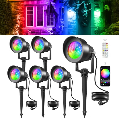 T-SUN 6 Pezzi Faretto RGB da Giardino con Telecomando & Bluetooth COB Alluminio Esterno con Adattatore A Tempo Colore Regolabile IP65 Impermeabile Faretti LED da Esterno per Sentiero Terrazza Natale