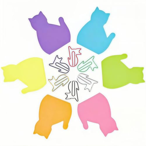 Lucien 6 Stück Katzenförmige Haftnotizblöcke mit 6 Katzen-Büroklammern, Süße Tier Design Klebezettel - Mitgebsel Kindergeburtstag & Kleine Geschenke für Schulklasse, Büro, Kühlschrank Dekor