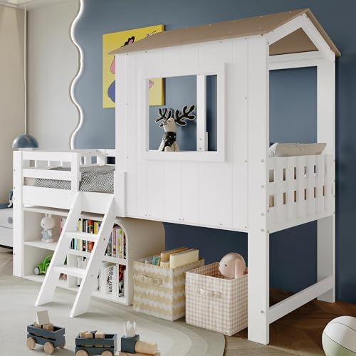 XPSSJMU Jugendbett, Halbhochbett, Hausbett mit Dach und Fenster, vierseitigem Geländer, Kleiner Treppe, freiem Stauraum unter dem Bett, Kiefer + MDF + Sperrholz, weiß + Natur, 90 x 200 cm