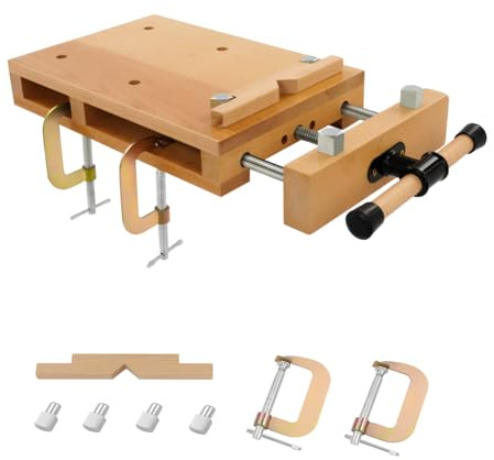 Bärbar hyvelbänk, mobil arbetsbänk med skruvstock, miniarbetsbänk 53 × 28 × 7 cm, justerbar skruvstäd 0–14 cm, lastkapacitet 100 kg för snidning, skärning, klämmor, hyvling