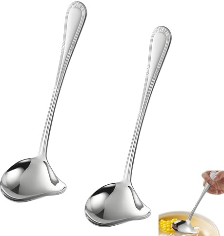 2 Stück 20.5cm Edelstahl Soßenlöffel, Soßenkelle, Saucenkelle mit Ausgießer, Kelle Küche, Lange Löffel, für Suppensoßen, Bratensoßen, Dressings, Silber