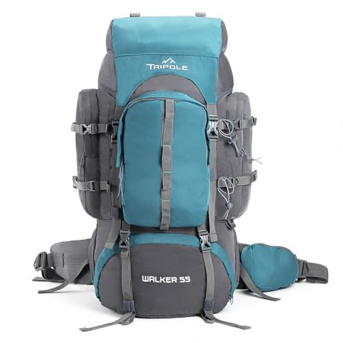 Tripole Walker 65L Hiking Backpack with 20L Day Pack and Laptop Compartment – Waterproof Travel Rucksack for Women and Men with Internal Frame & Rain Cover, 17” Laptop Section, Sea Green