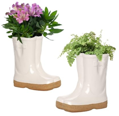 Dibor Plant Pot Set of 2 Garden Wellington Boot Ceramic Flower Planter Pots | Ceramic, Wellington Boot Planter, Plant Pot, Flower Pot, Planter, Drainage Hole, Removable Stopper