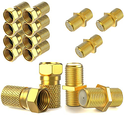 F-Stecker 7mm 10x + F-Verbinder 5x vergoldet | Gummidichtung | breite Mutter schraubbar | Verlängerung für Koaxial Antennenkabel Koax SAT Kabel | BK Anlagen | Satelliten LNB F Stecker + Verbinder SET