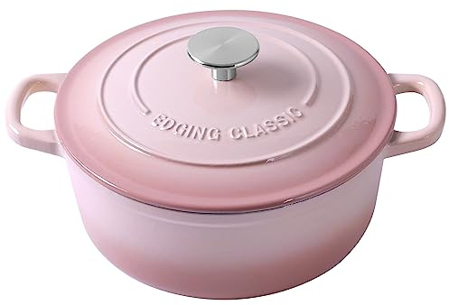 EDGING CASTING Horno holandés cubierto de hierro fundido esmaltado de 5.5 cuartos de galón con doble mango, hornos holandeses con tapa para hornear pan, rosa