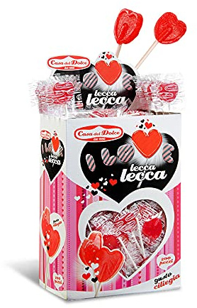 CASA DEL DOLCE Cœur Saucette Petit,Sucettes en Forme de Cœur, Goût de Cerise,Boîte de 200 pièces,Emballés Individuellement, Made in Italy, Sans Lactose, Sans Gluten, Idées Cadeaux pour les Fêtes
