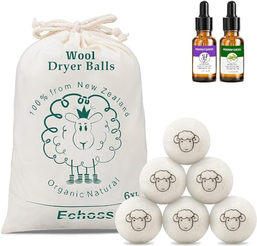 Trocknerbälle für Wäschetrockner, Natürliche Weichspülern aus 100% neuseeländischer Premium Schafwolle Reduzieren Trocknungszyklus und Falten Reduzieren,6er Pack mit 2 ätherischen Ölen