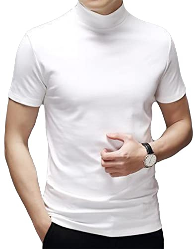 Mens T-Shirt Short Sleeve Polo Neck Basic Mock Turtleneck Slim Fit Solid Tops