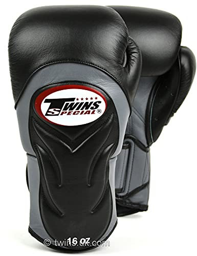 Twins Deluxe Boxing Gloves BGVL6 Muay Thai Sparring Gloves Kickboxing Training Gloves 12oz 14oz 16oz Hook & Loop Fight Gloves (12oz, Black/Grey)