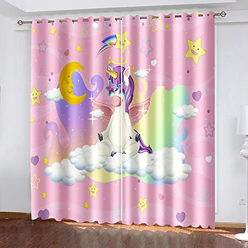 MTBDyyds Verdunkelungsvorhänge 3D Drucken 140X100Cm Cartoon Einhorn Sterne Verdunklungsvorhänge Kinderzimmer 2 Stück Vorhang Blickdicht Ösenschal Kindergardinen Junge Verdunklungsgardine