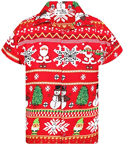 King Kameha Funky-Camisa-Hawaiana, Navidad, Manga-Corta, Christmas-Rows, Rojo, XL