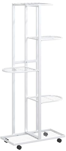 Gecheer Blumenständer mit Rollen 5-Etagen Blumentreppe Pflanzenständer Blumenregal Pflanzentreppe Pflanzregal Blumenbank Eisen Weiß 44x23x100 cm