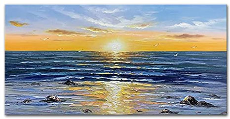 Mintura Kunstkunstwerk, handgemaltes Wandbild, Motiv: Sonnenaufgang am Meer, Wohnzimmer, Acryl-Leinwand, Hoteldekoration, Ölgemälde auf Leinwand, 70 x 140 cm, ungerahmt