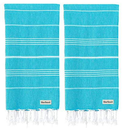 Blue Beach Lot de 2 grandes serviettes de hammam turc Peshtemal - Super absorbantes, à séchage rapide, légères et compactes pour la natation, le bain, la salle de sport et les voyages (turquoise)