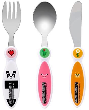 Minecraft Kids 3 Piece Cutlery Set – Includes Knife, Fork and Spoon | Child-Friendly Stainless Steel Flatware Set, BPA-free, food-Safe Material Children's Travel Cutlery Set | Non-Slip & Reusable