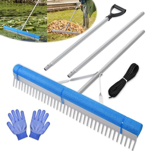 Floating Lake Rake, Leaf Collector for Gardening, 36 Aluminum Landscape Rake with Adjustable Handle, 33FT Rope & Float, Weed Algae Removal, Multifunctional Detachable Aquatic Weed Rakes