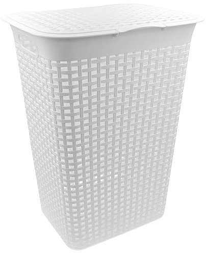 HRB Wäschekorb mit Deckel Rattan 55 Liter, Wäscheaufbewahrung aus Kunststoff, Wäsche Sortierer (Weiß, Eckig)