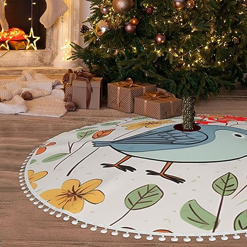 EVANEM Vogel und Blume1 Weihnachtsbaumrock 91,4 cm Weihnachtsbaumröcke mit Pompons wasserdichte Weihnachtsbaummatte für Urlaubsdekorationen weiches Bauernhaus Xmas Holiday Dekoration