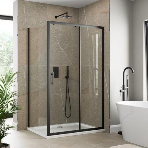 Luxura® 1400 x 800mm Sliding Shower Enclosure Door Screen for Wet Room Cubicle Enclosures, 6mm Toughened Safety Glass, Framed, Reversible, Matt Black